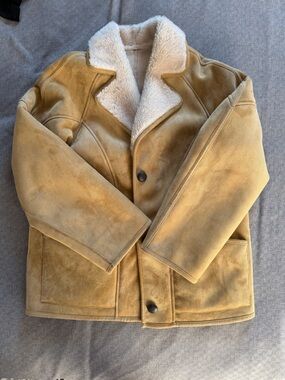 Tan Faux Suede Shearling Coat with Faux Shearling Lining